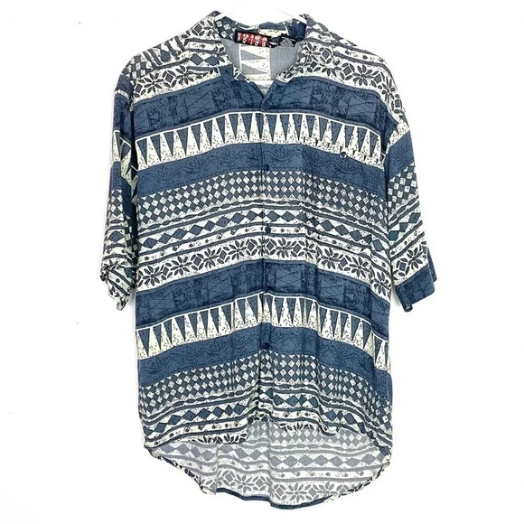 Vintage 90s Tribes Printed Rayon Button Down Shirt Womens Unisex Medium Blue - Picture 1 of 11